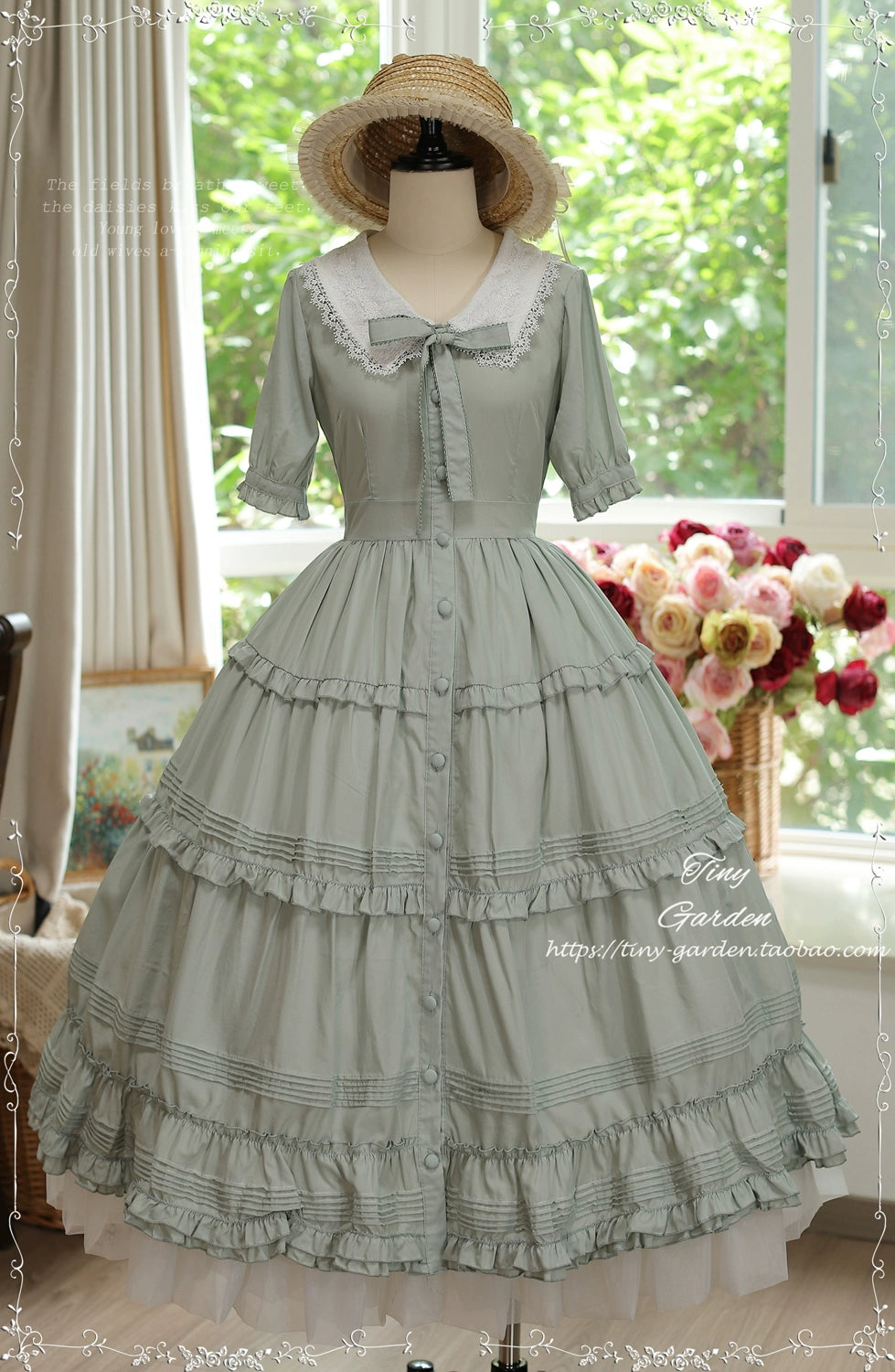 Tiny Garden~Lacey 2.0~Classic Lolita OP Lace Collar Open Front Dress S Grass green 