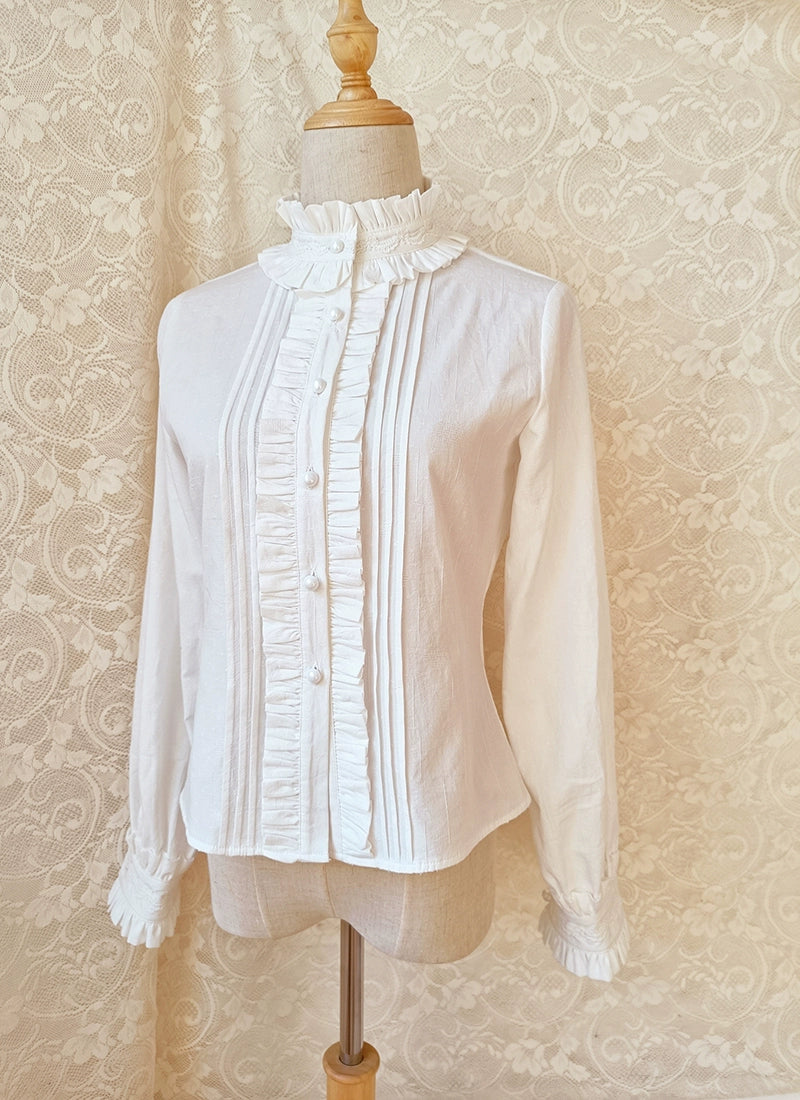 Youlan Lane~Winter Cotton Lolita Blouse White Long Sleeve Stand Collar Shirt   