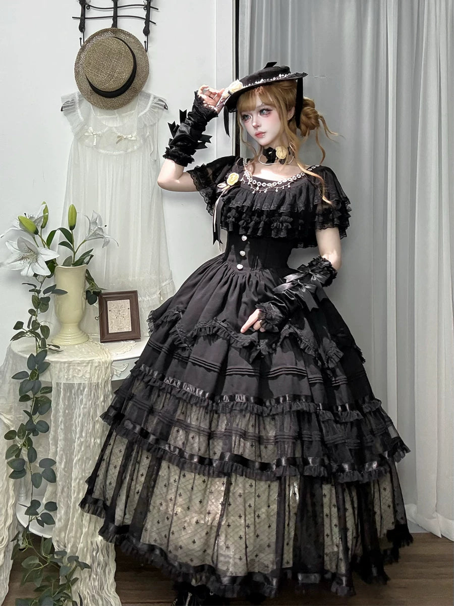 KISHIDAMIKI tulle chain belt 巻きスカート Classic Lolita OP Dress, Tulle Skirt with Cross Accent