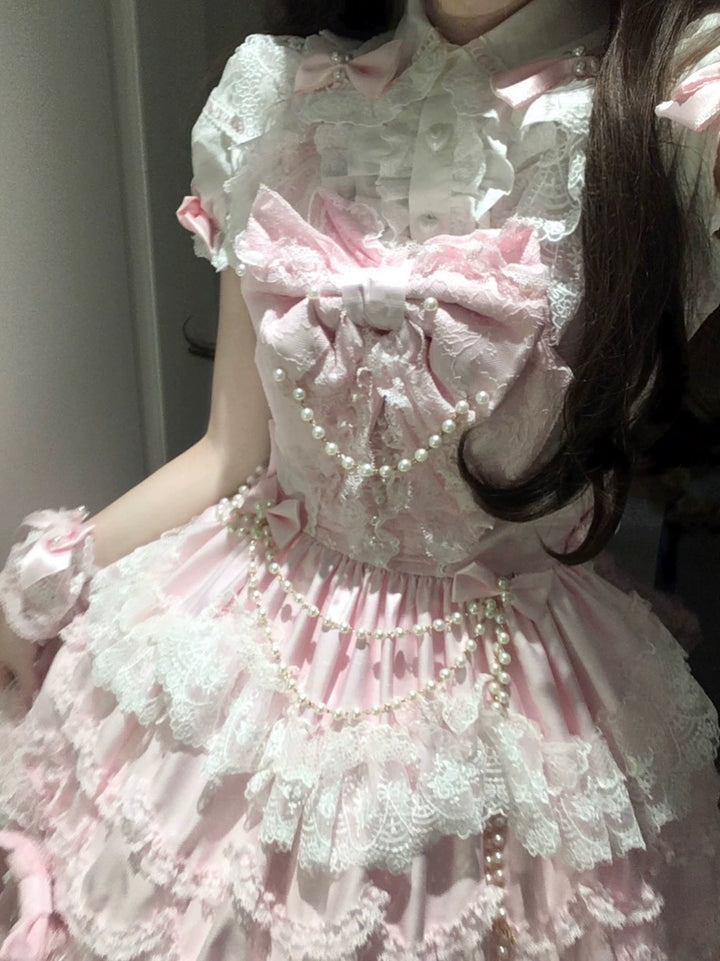 Mengfuzi~Showa Doll~Sweet Lolita Blouse Pearl Lace Shirt with Detachable Sleeves 39978:648706