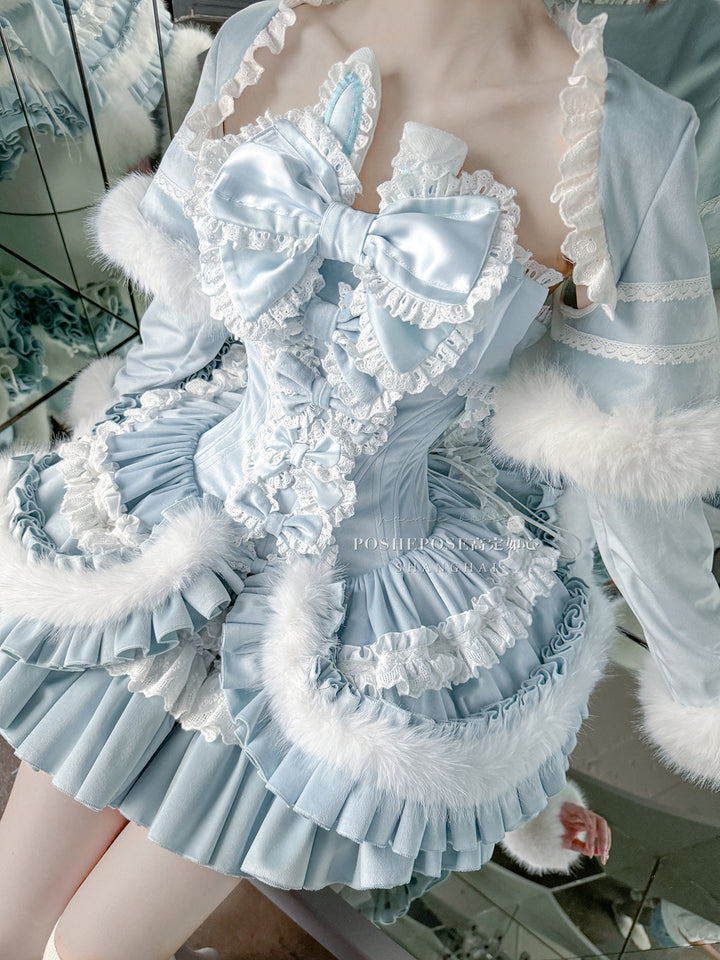 POSHEPOSE~Chuling Swan Lake~Sweet Lolita JSK Set Velvet Blue Dress for Prom