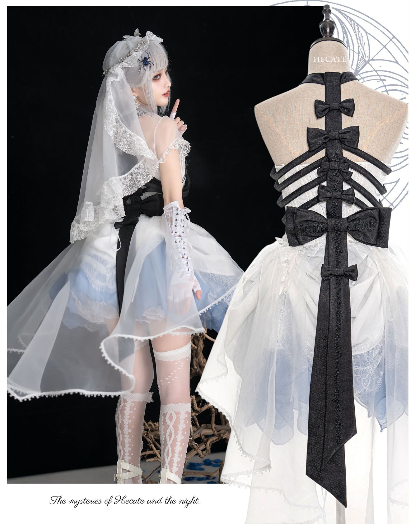 (Buyforme)Wuyuzhe~Hecate Ribs Gothic Lolita Tee JSK and Accessories free size blue-white full set(without rose brooches) 