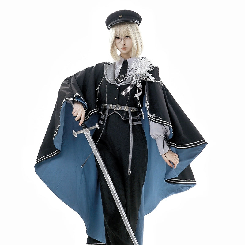 CHUNLV LOLITA~Dark Night Contract~Blue Military Lolita Pants Long Cape Couple Suit