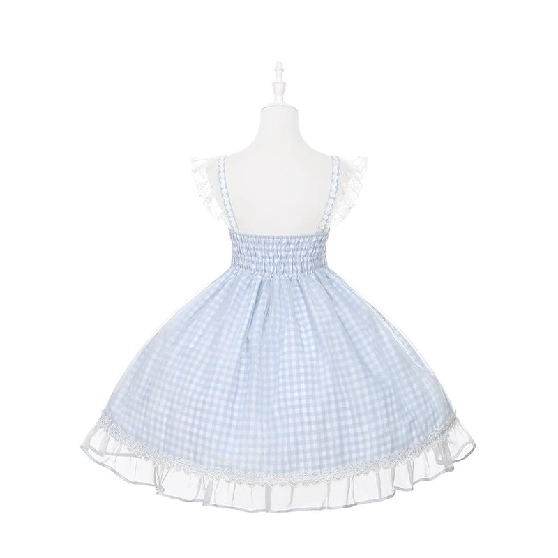 Daisy Cake - Blue Plaid Sweet Lolita JSK Dress, Daisy-trimmed Bows