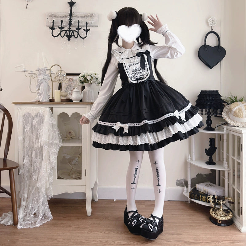 Hanguliang~Sweet Bear~Kawaii Lolita JSK Dress Embroidery Flounce Hem   