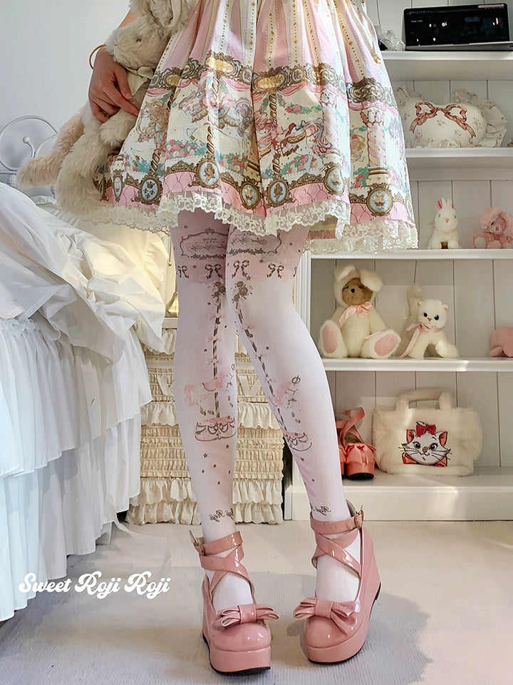 Roji Roji~Sweet Lolita Tights Velvet Printed Lolita Pantyhose Pink Free size(fit height 150-175 cm)