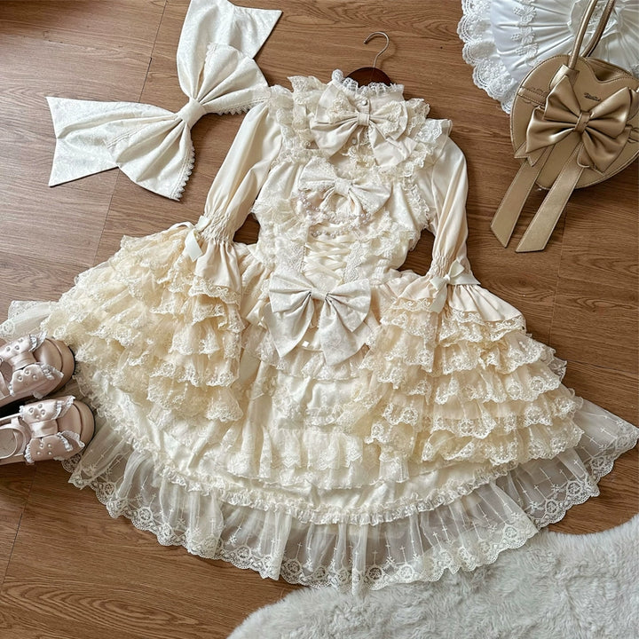 Hanguliang~Love and Heart Palpitations~Wedding Lolita JSK Bridal Lolita Dress S Only apricot back bow (1 piece)