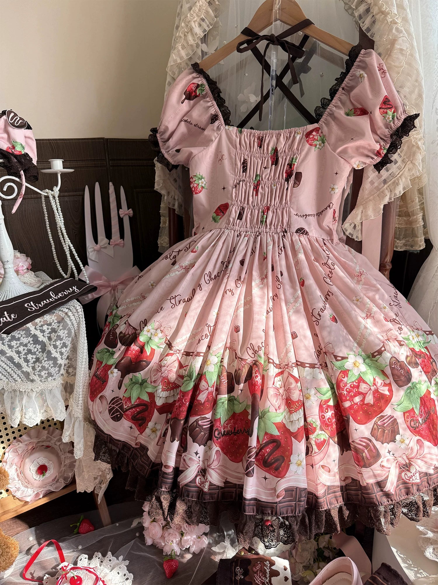 Strawberry Chocolate Lovers - Kawaii Lolita Embroidered Dress, Strawberry & Chocolate Print