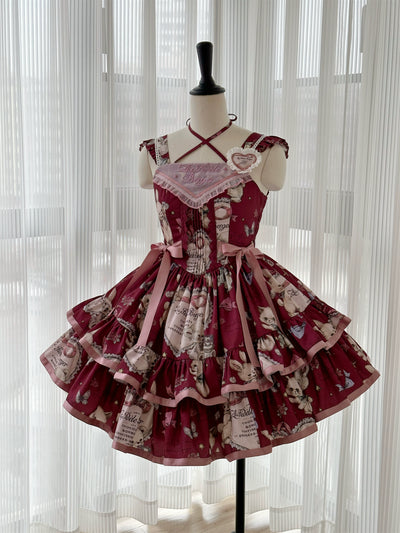 Babyblue~Vintage Lolita JSK Dress Doll Style Cake Dress S Cherry Red 