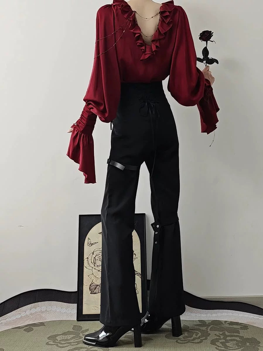 Ouji Lolita V-Line Backless Blouse & Slight Flare Pants 45671:858316
