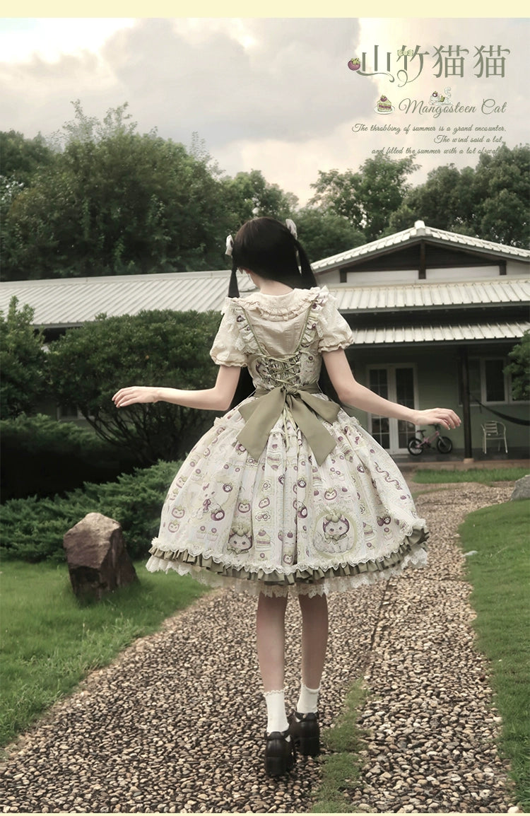 Urtto - Mangosteen Cat - Printed Country Lolita JSK, Pocketed Jacket