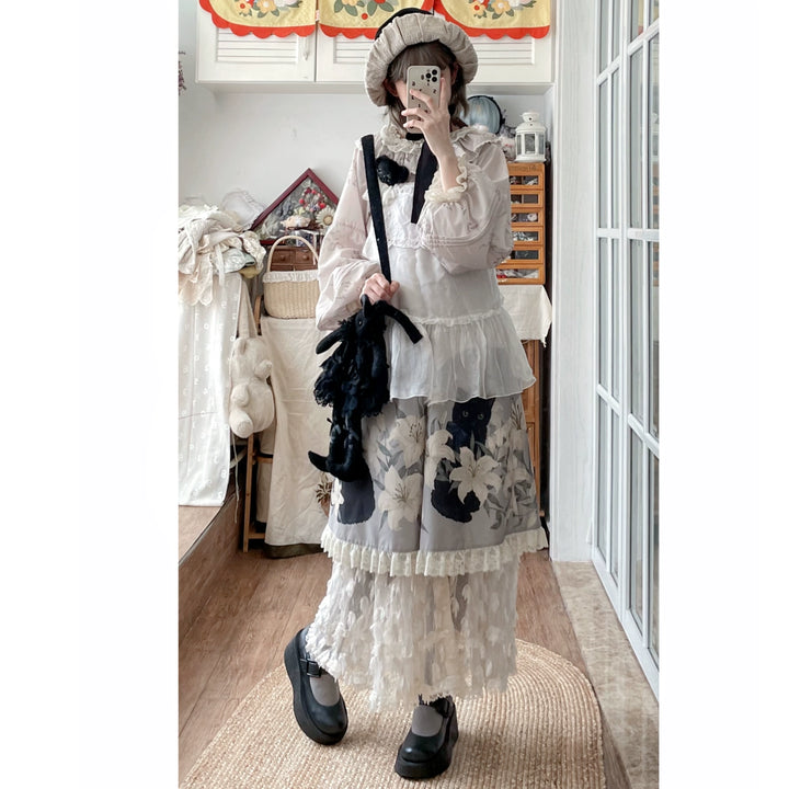 Akiyama Future Studio~Black Cat and Lily~Loose Kawaii Lolita OP Dress with Vest and Hat