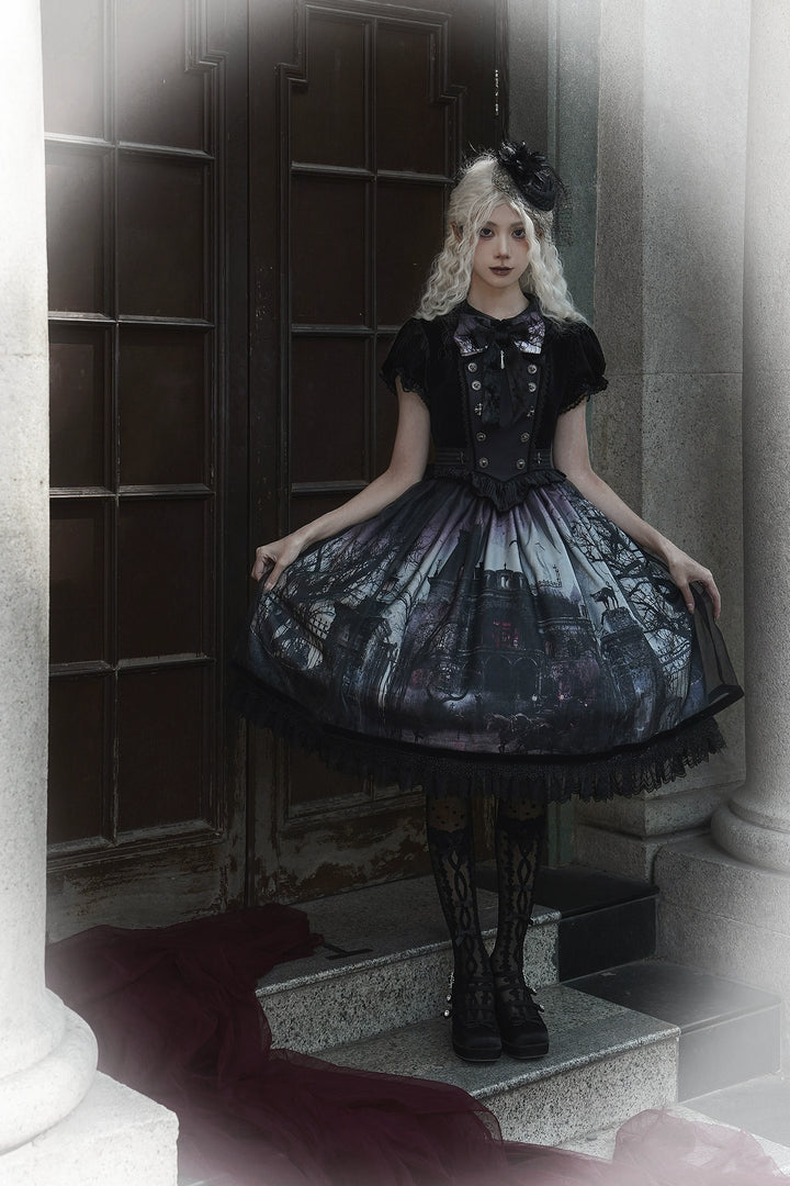 LilithHouse~Horror House~Gothic Lolita OP Set with Cape and Castle Print