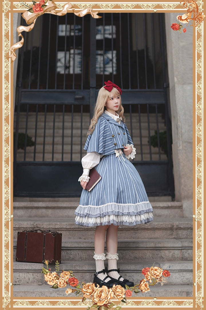 (Buy for me) Infanta~Elegant Lolita Stripe High-waist Jumper Dress Set and Cape 22624:320976