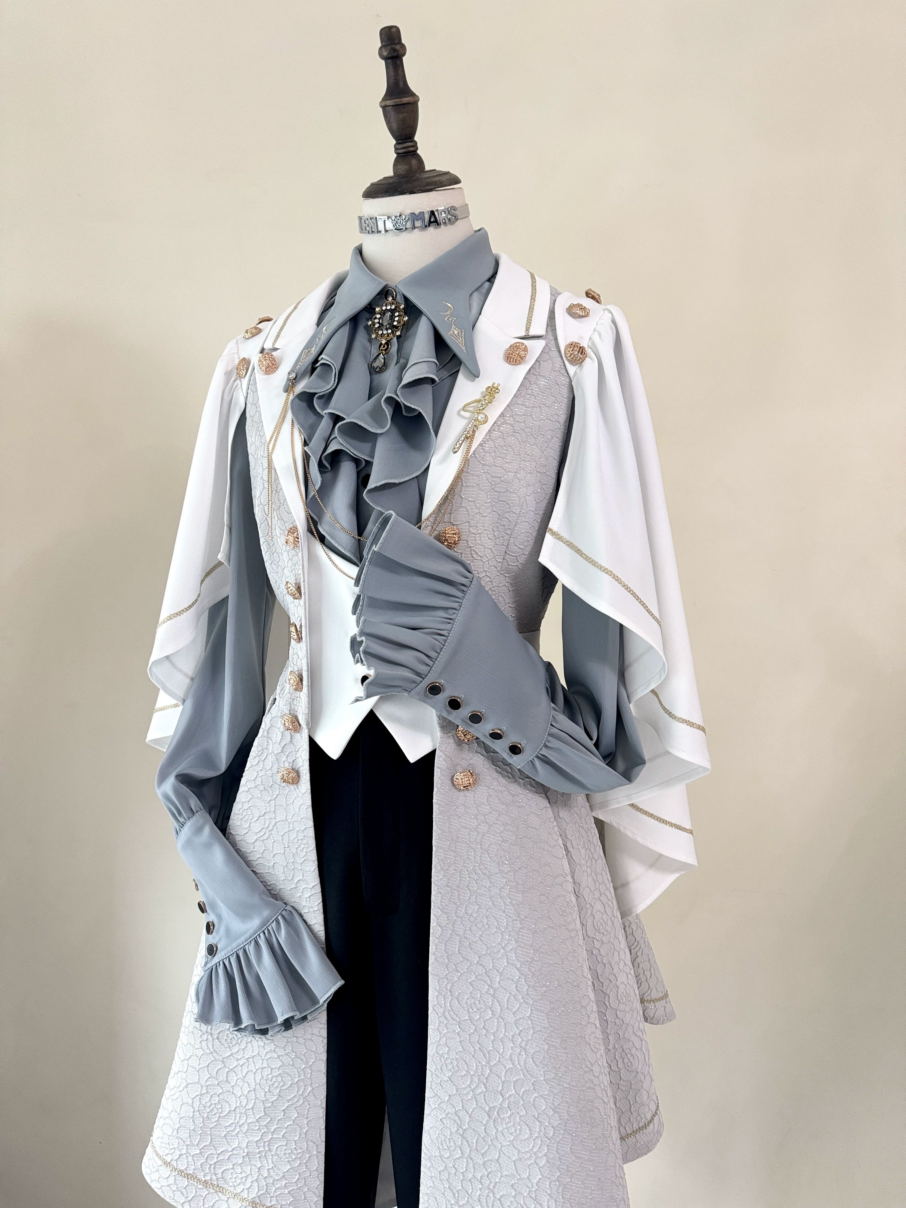 Fallen Moon Code - Retro Military Lolita Capelet-Sleeve Set: Vest, Skirt & Pants Grey x White - Vest Coat Only S