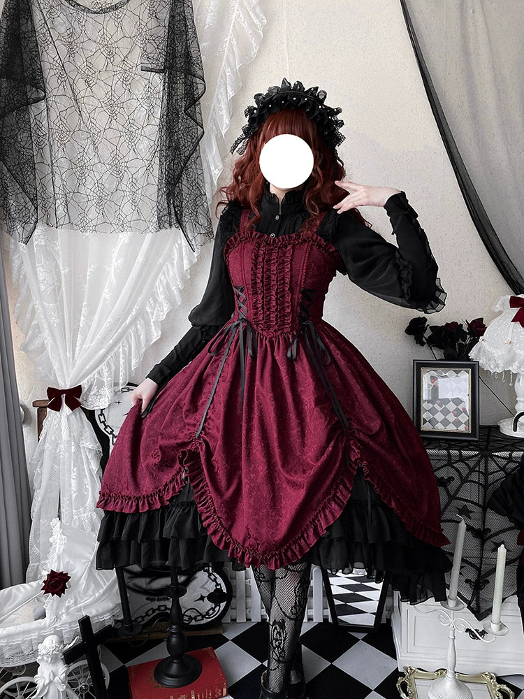 Moonlit Fragrance - Red Night Hunt - Classic Lolita Jumper Dress Wine Red JSK