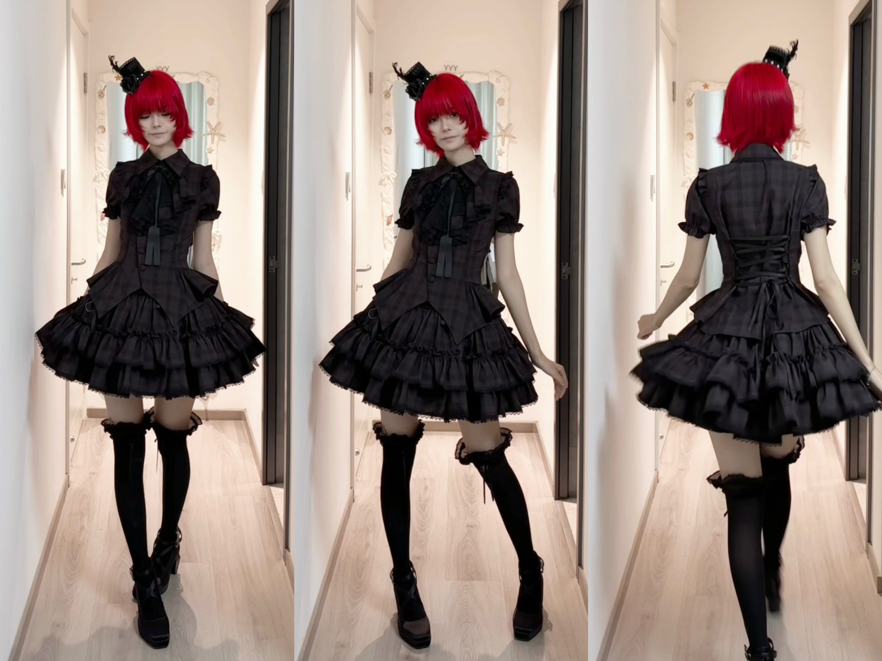 Lyra Nocturne - Gothic Lolita Slanted Placket Shirt Set, Plaid or Striped