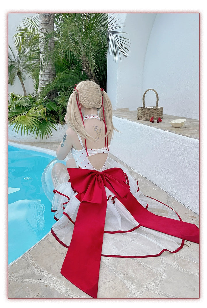 Tan Tuan~Heartbeat Melody~Red & White Lolita-Inspired Swimsuit Set 42997:761402