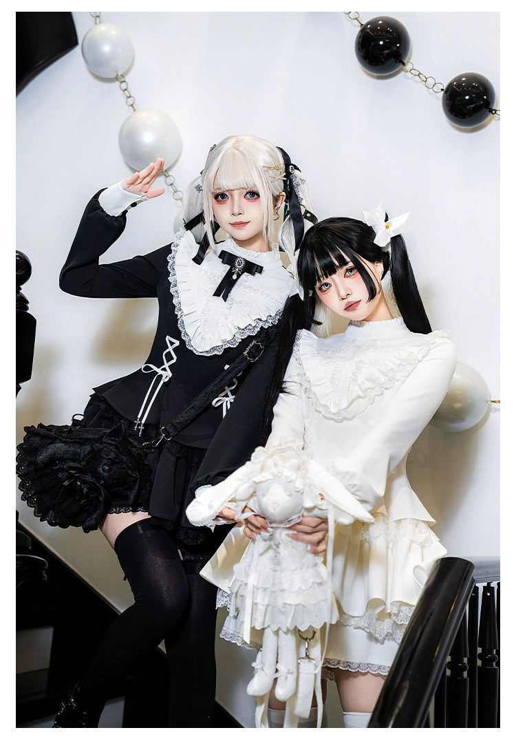 With Puji~Doki~Twin Lolita OP Black/White Goth Dress with Pocketed Shorts