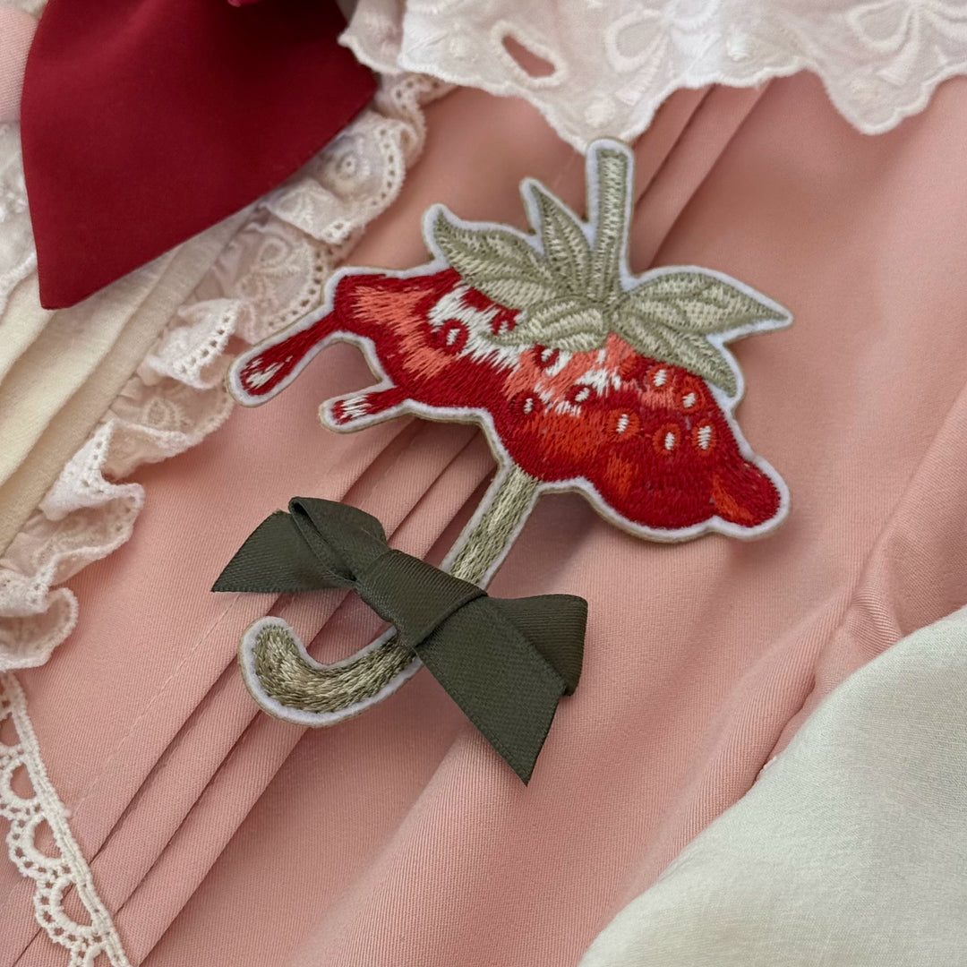 Strawberry Fantasia~Sweet Lolita OP Dress Set Puffy Skirt Long JSK and Shirt Strawberry Umbrella Brooch Only (free size select M) S