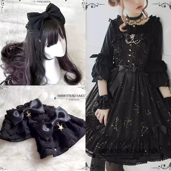 Sakuya Lolita~Whisper Of Stars~Constellation Foil Printing Elegant Lolita High Waist JSK Dress Black Regular Waist JSK +KC+Cuffs Star Lace Hem Dress (without blouse) 