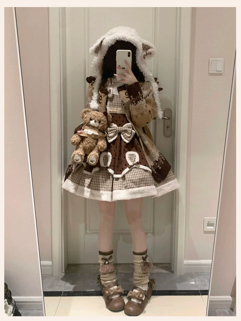 Little Butter~Cocoa Waffle~Winter Kawaii Lolita Salopette Sweater Cute Plush Hat   