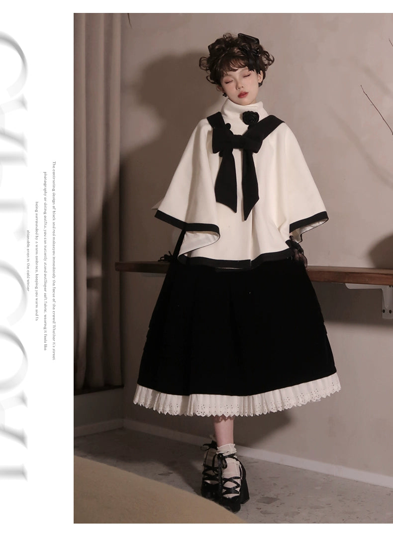 Urtto~Lolita Woolen Coat Autumn Winter Elegant Red and Cream Cloak   