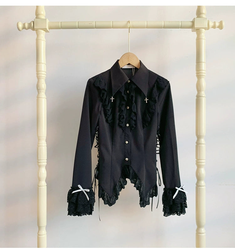 With PUJI - Black White Gothic Lolita Blouse, Waist Lace-Up S Black Blouse