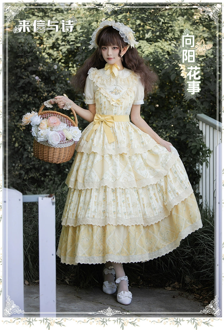 With PUJI~Letter and Poetry Sunflower Matters~Country Lolita JSK Embroidered Printed Lolita Dress   