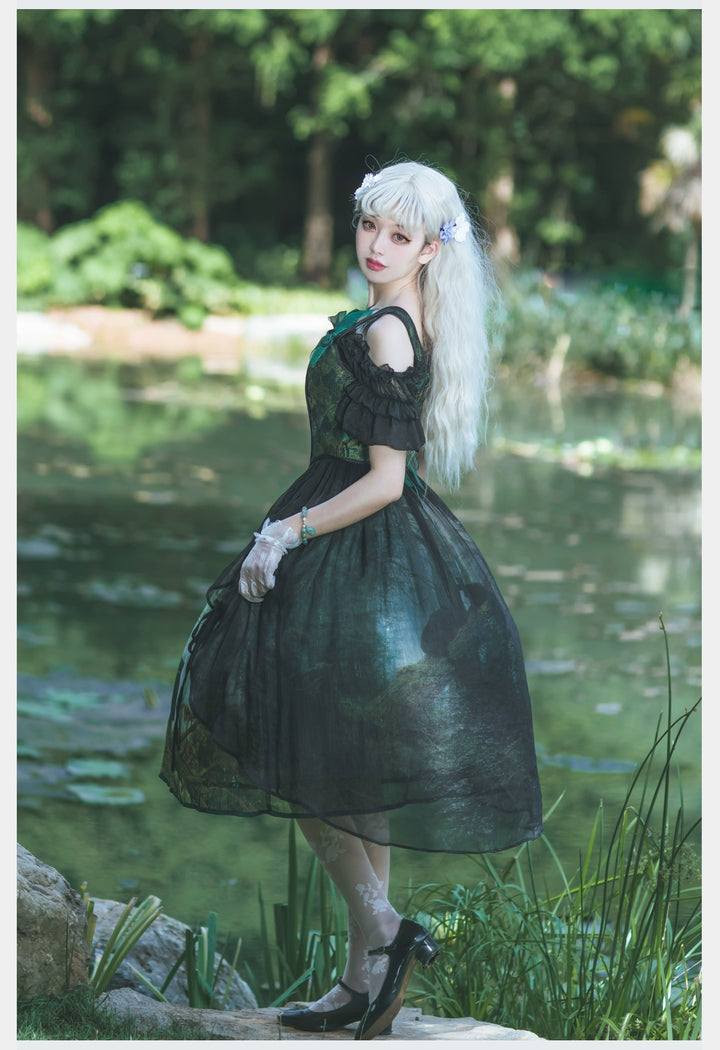 Cyan Lolita~Morning of Pine Forest~Elegant Lolita Bear Print Skirt   