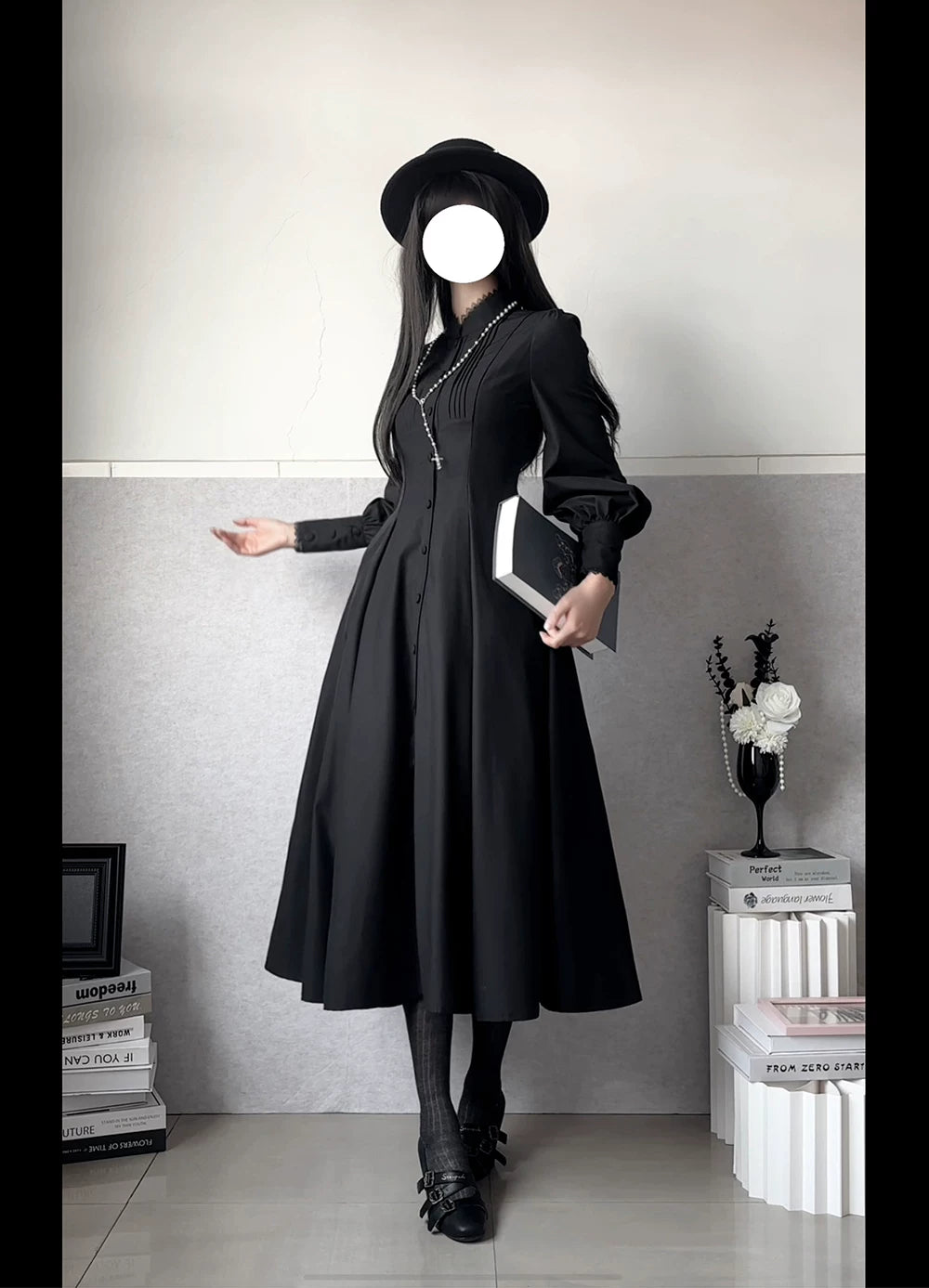 Astrea - Black Classic Lolita Long OP Dress, Side Pockets