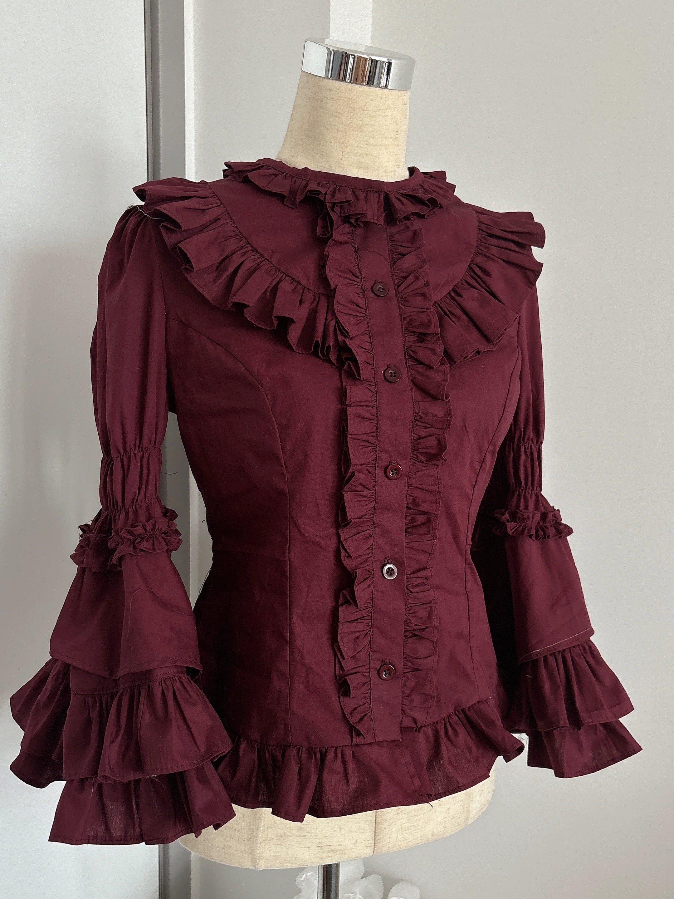 TaTaTa Lolita - Burgundy Rose - Old School Lolita Hime Sleeve Blouse, Ruffle Detail Vintage Red S