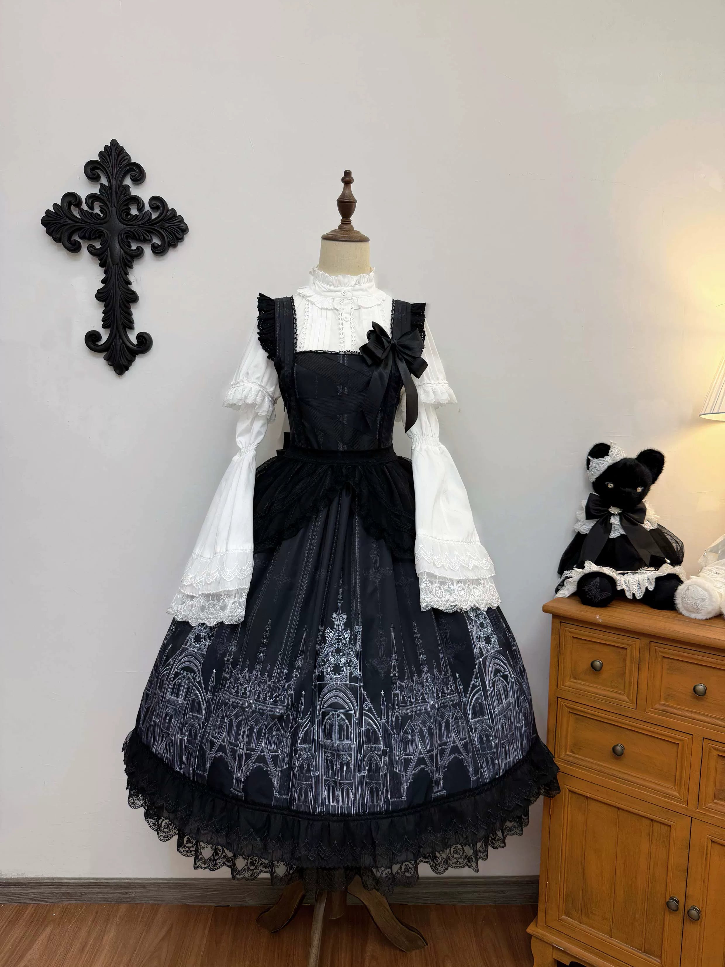 Silent Spire - Gothic Lolita Cathedral Print JSK & OP Dress Set, Side Pockets (L M S XL) 45921:868139