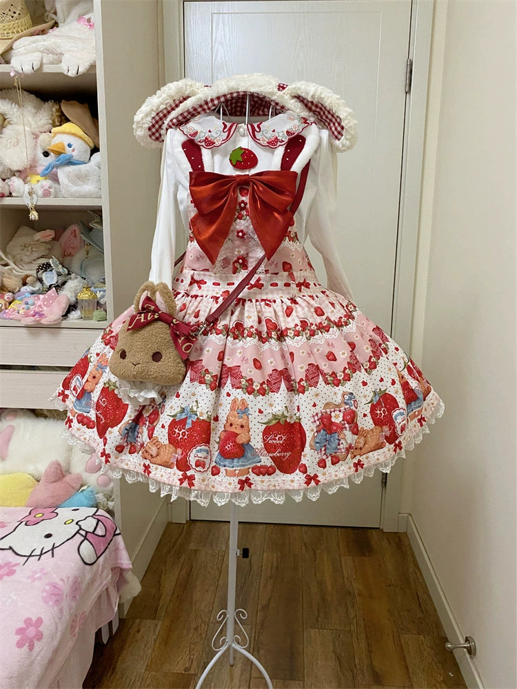 To Alice~Spring Strawberry Bunny~Kawaii Lolita Salopette Dress Hooded Coat and Blouse