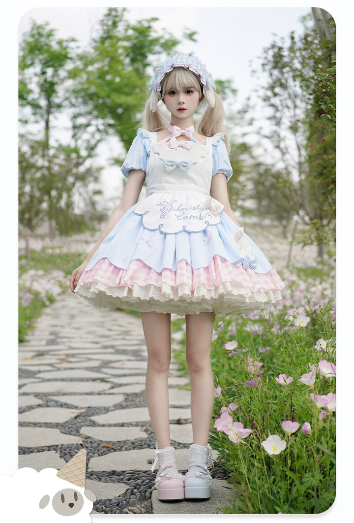 OCELOT~Mie Mie Story~Sweet Lolita OP Dress Puffed Sleeve Lolita Dress S Blue and Pink (Full Set) 