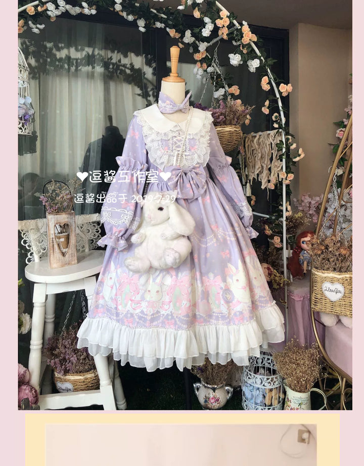 Doujiang~Kawaii Lolita OP Rabbit Print Pink Purple Lace Princess Dress