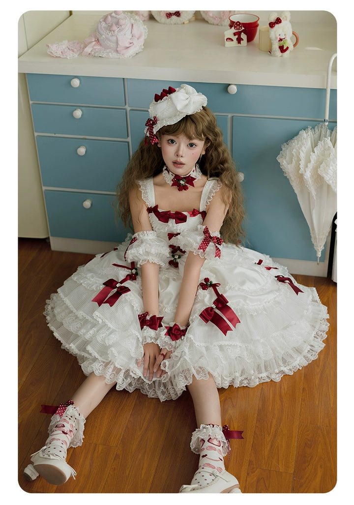 Summer Fairy~Strawberry Angel~Sweet Lolita JSK Suit Tiered Ruffle Dress Set