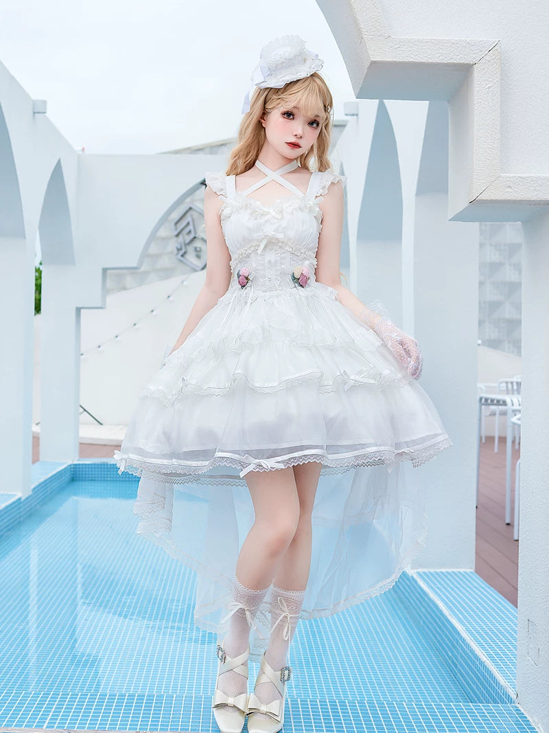 Ballet Maiden - Classic Lolita Four-tiered Hem JSK Dress with Rose Details White JSK + White Bow Trailing S