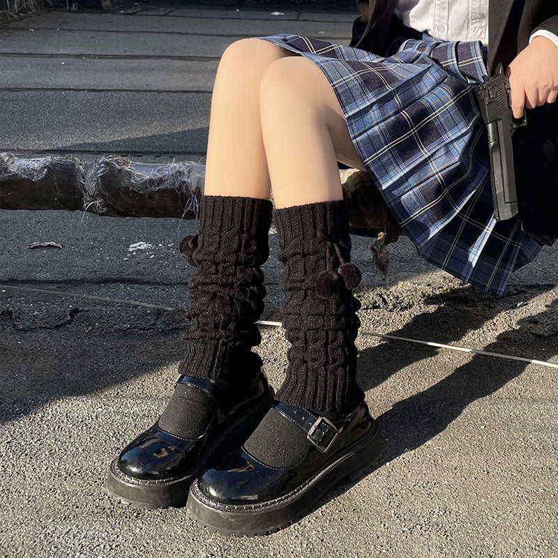 Hua Nai Cat - Cute Lolita Leg Warmers Winter Knitted JK Pile Socks One Size Black - without butterfly knot