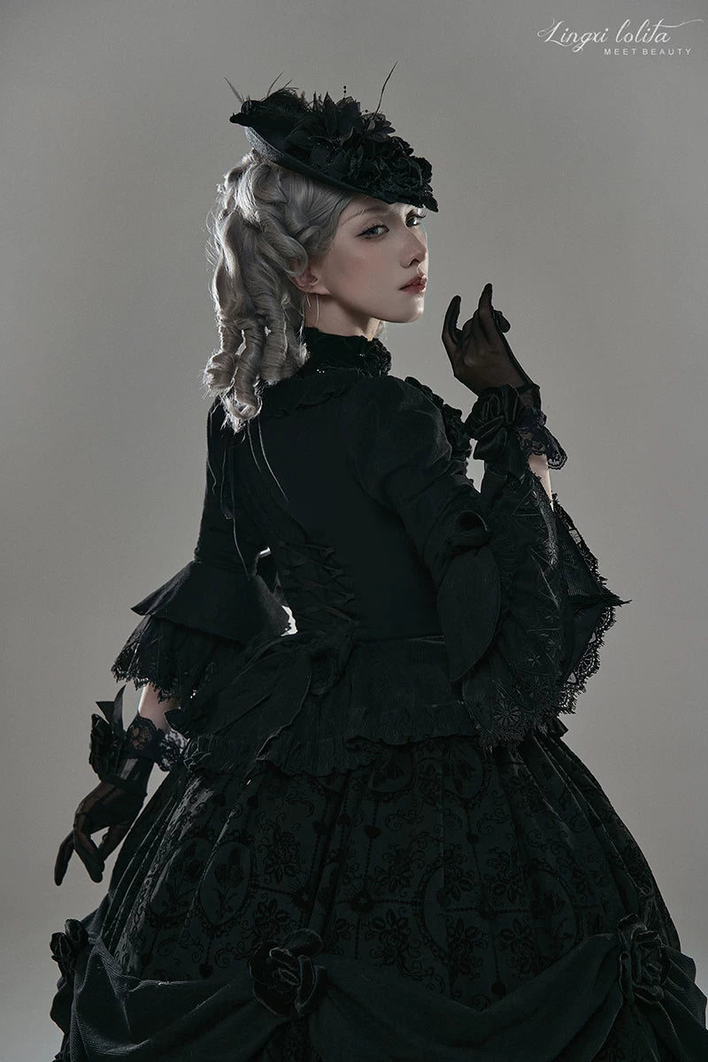 Midnight in Versailles - Gothic Lolita Hime Sleeve Blouse & Floral Skirt 44495:810524