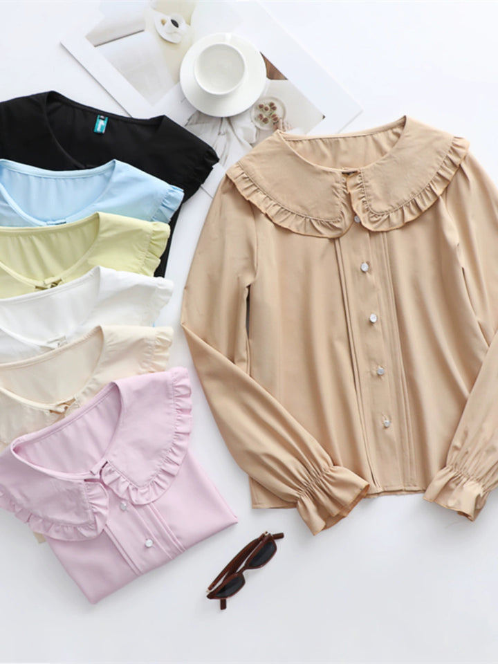 Niu Niu~Plus Size Lolita Shirt Long Sleeve Doll Collar Blouse (Black Blue Ivory Khaki Pink Yellow / 2XL 3XL 4XL L XL) 34820:465960