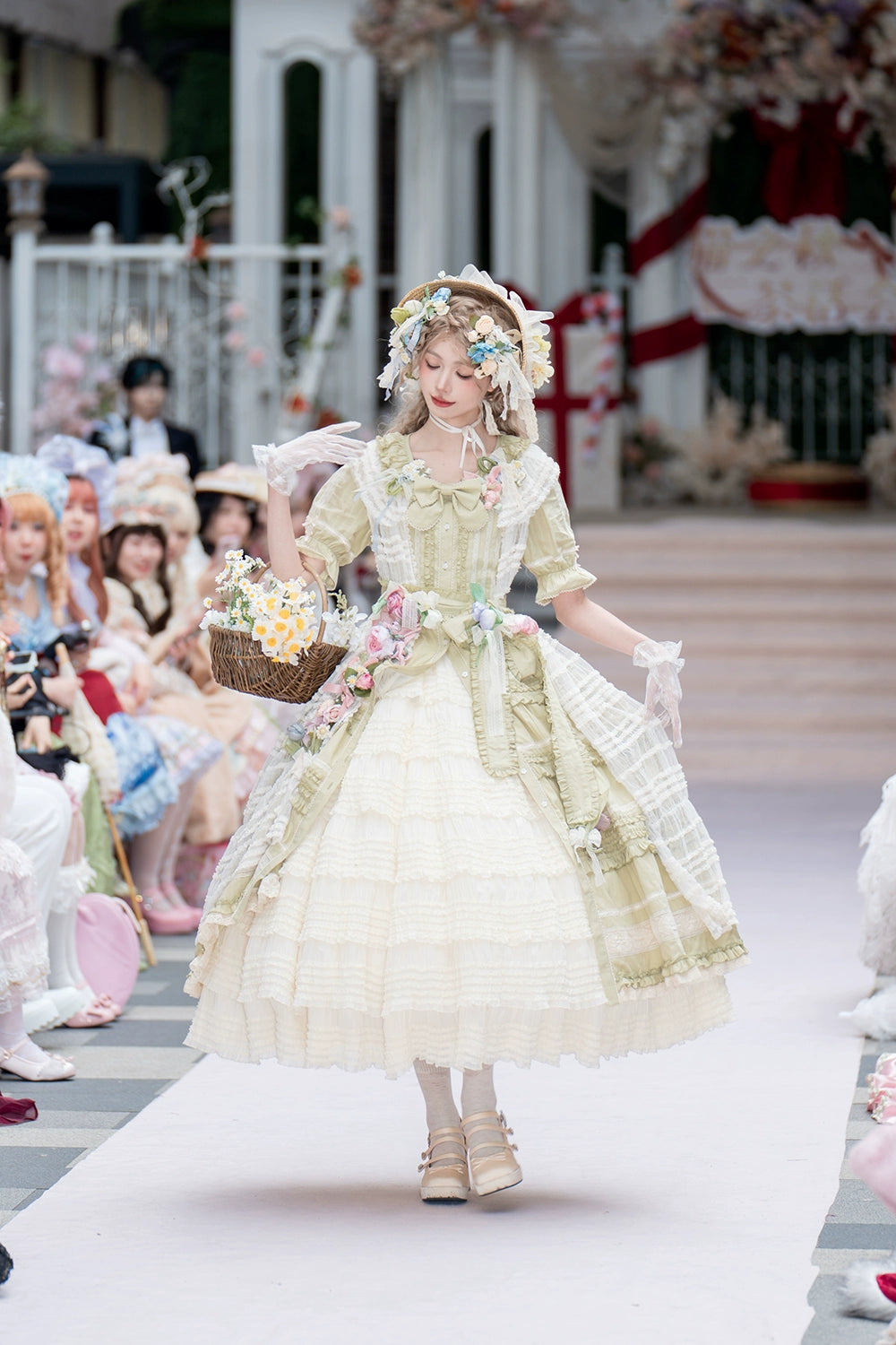 Miss Point~Cat Rose Tea~Elegant Lolita OP Open-front Short Sleeve Tiered Dress 42135:727805