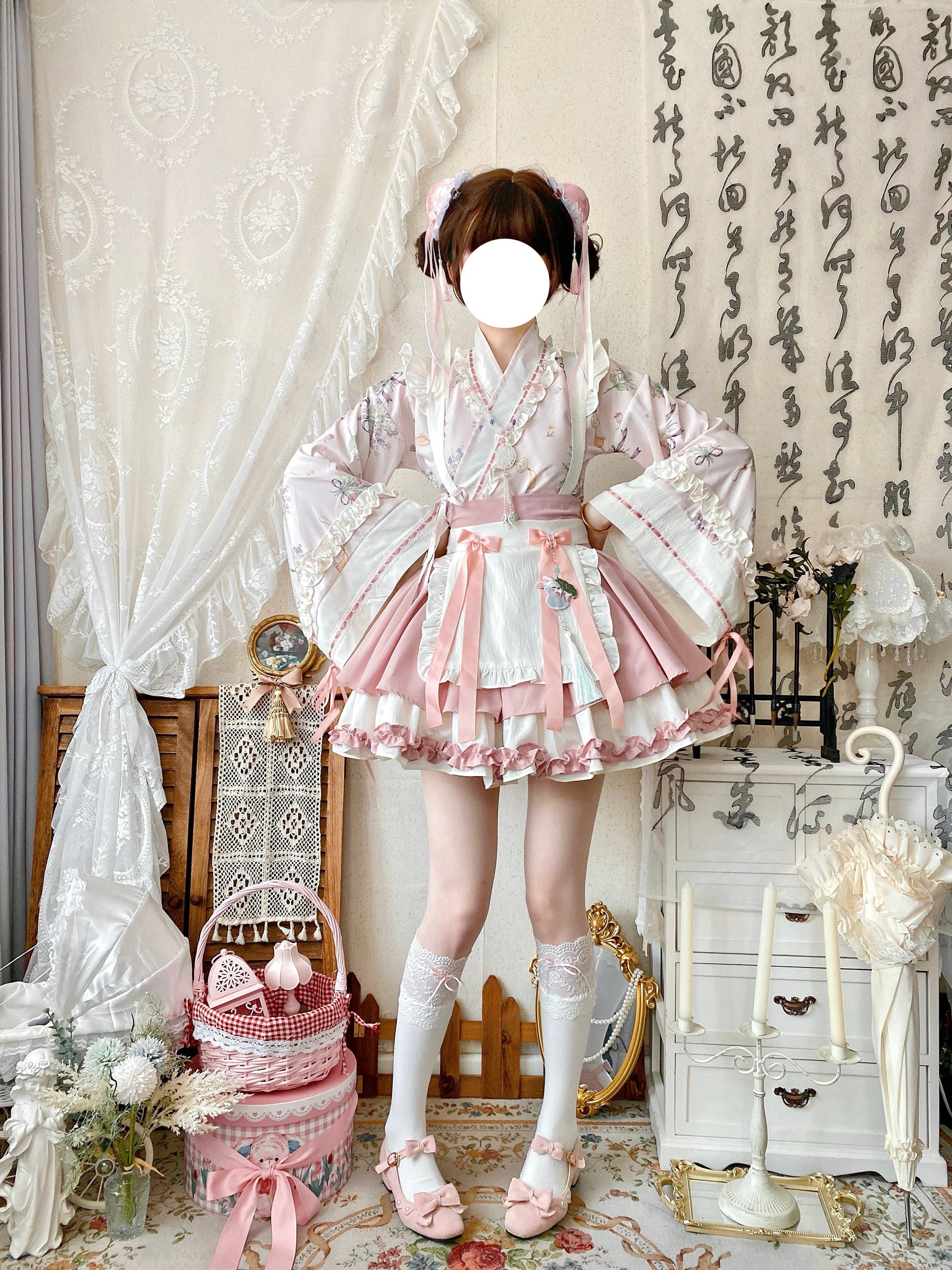 Qianmu - Little Herbalist - Han Lolita Skirt Outfit with Cross-collar Blouse and Apron Cherry Blossom Pink Set (blouse + skirt + apron) S
