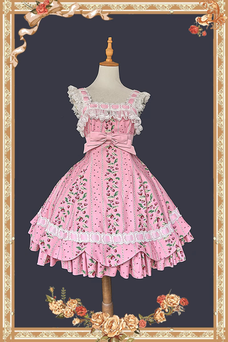Berries & Strawberry - Old School Lolita JSK Dress Set, Strawberry Print (L M S XL) 46097:874959