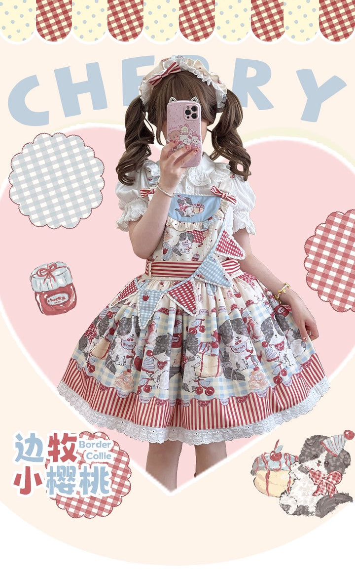 Akiyama Future Studio~Border Collie Cherry~Kawaii Lolita Salopette Cherry Print Dress