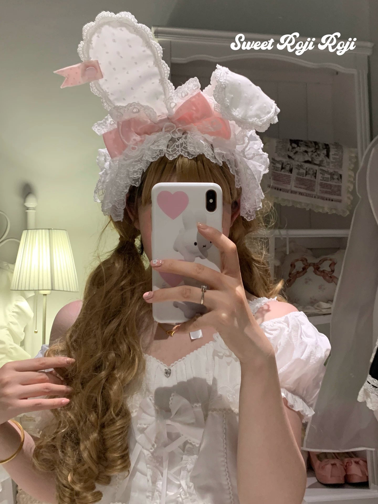 Kawaii Lolita Bunny Ear Hairband, Polka Dot Bow Hairband (white)