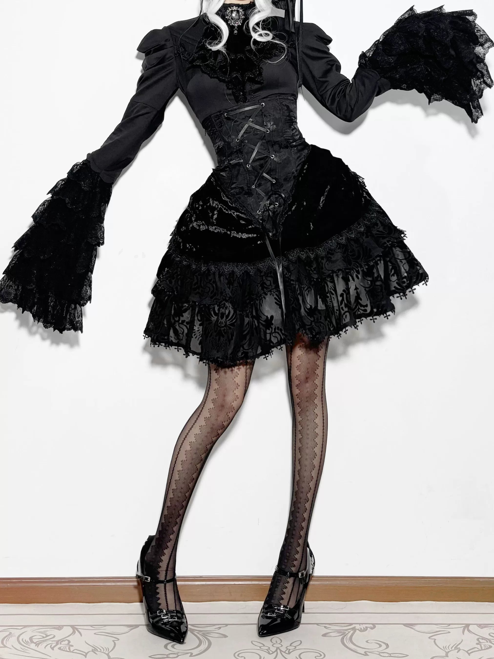 Twilight Hour - Gothic Lolita Hime-sleeve Blouse & Corset Skirt Set (L M S XL XS) 45373:845792