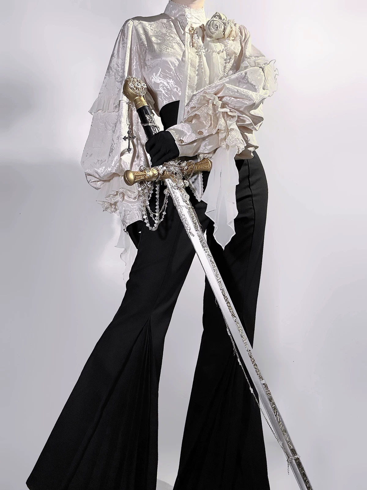Rose and Sword - Ouji Lolita Jacquard Blouse & High Waist Pants Suit 45502:851306
