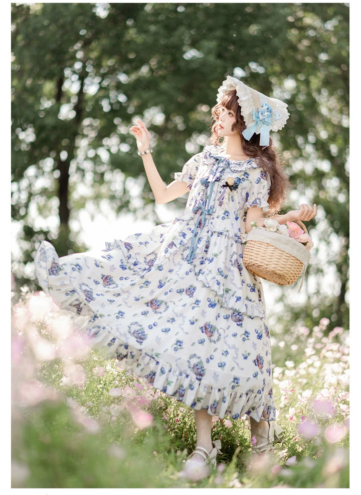 With PUJI~Berry Basket~Country Lolita OP Dress Blueberry Print Dress   