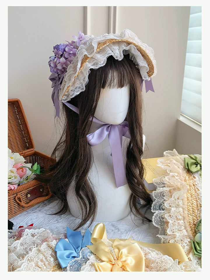 With PUJI~Floral Language~Country Lolita Lace Bow Flat Cap Straw Hat   